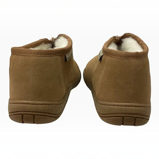 The Shoe Shop Dobson slippers in tan leather with plush white wool lining and durable TPR soles, rear view