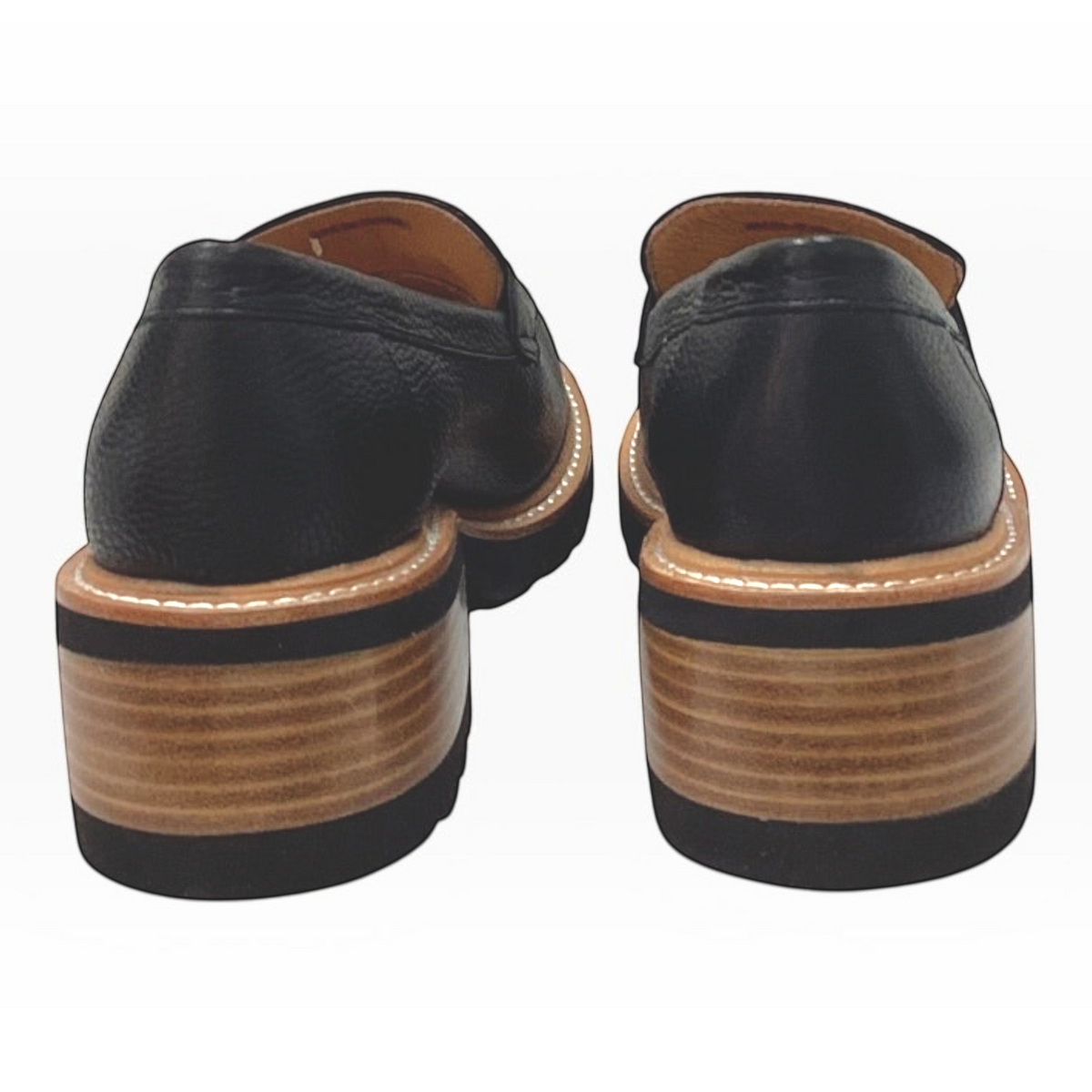 The Shoe Shop Dylan black leather loafers featuring a low block heel and contrast sole trim viewed from the back