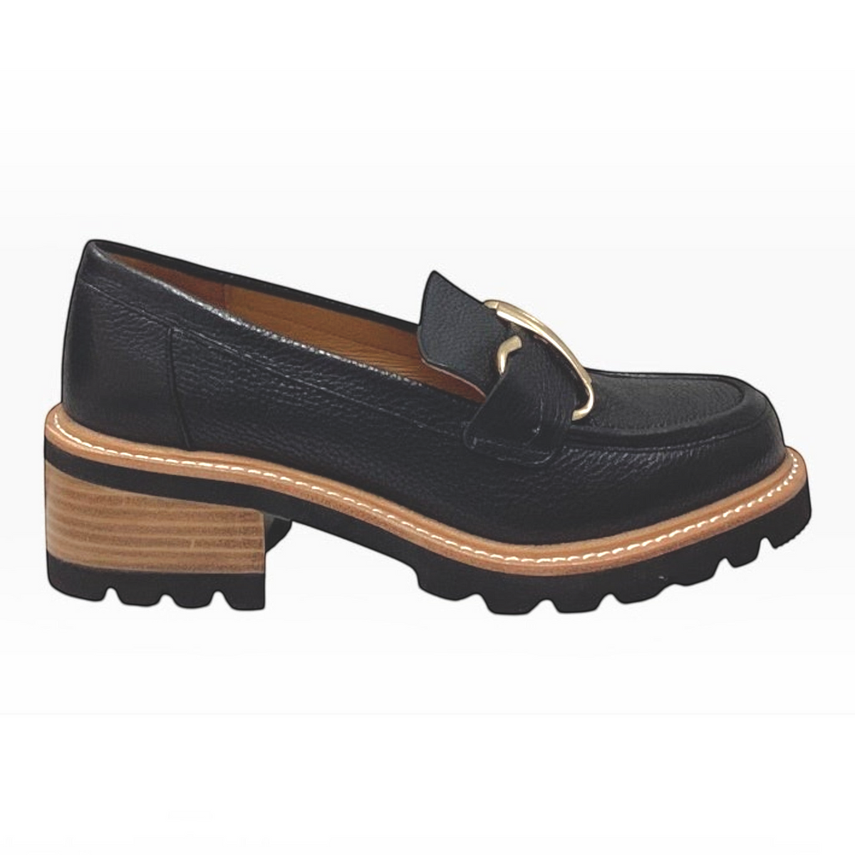 The Shoe Shop Dylan black leather loafer with a gold-tone buckle, front zip, and a sturdy low block heel.