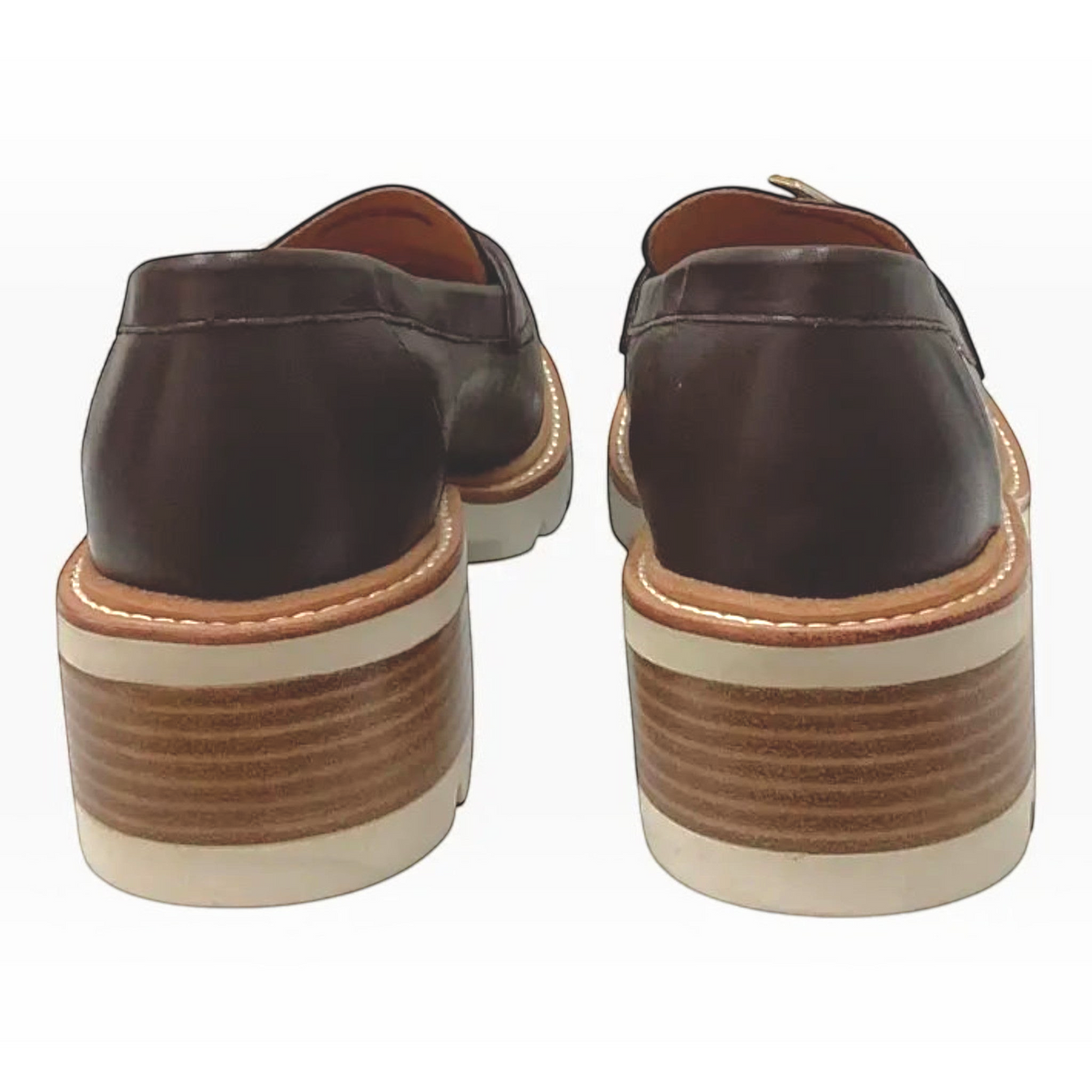 The Shoe Shop Dylan leather loafers in dark brown featuring a sturdy low block heel and contrast white sole trim.