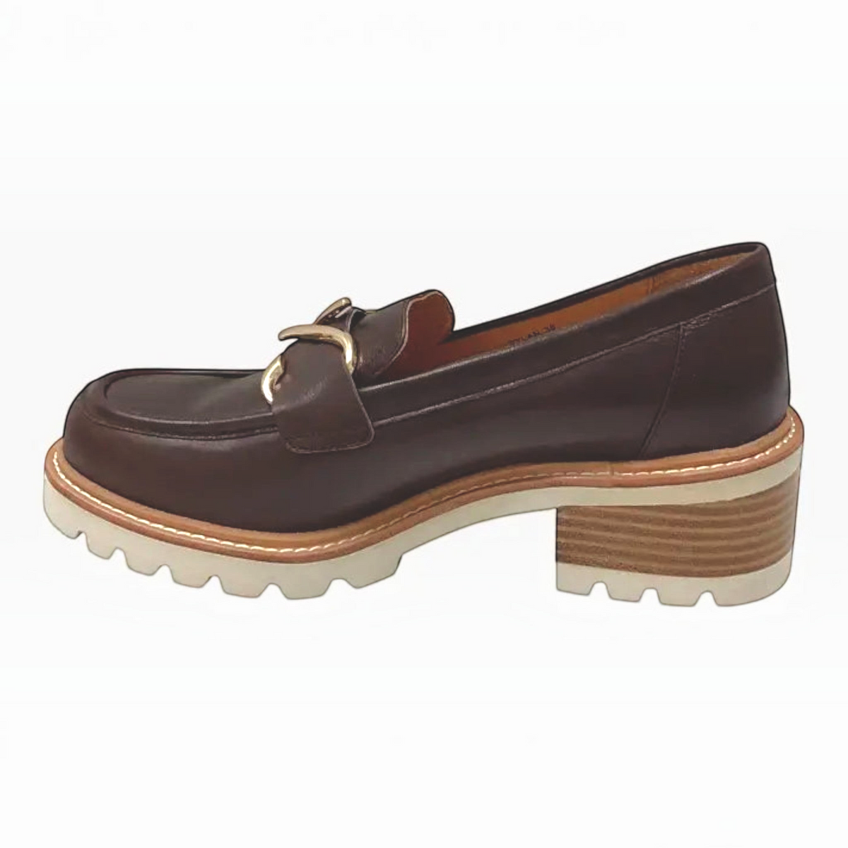 The Shoe Shop Dylan brown leather loafer with gold-tone buckle, front zip, and chunky low block heel.