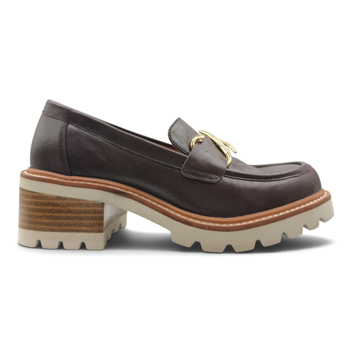 The Shoe Shop Bresley Dylan brown leather loafer with gold buckle and chunky stacked lug sole