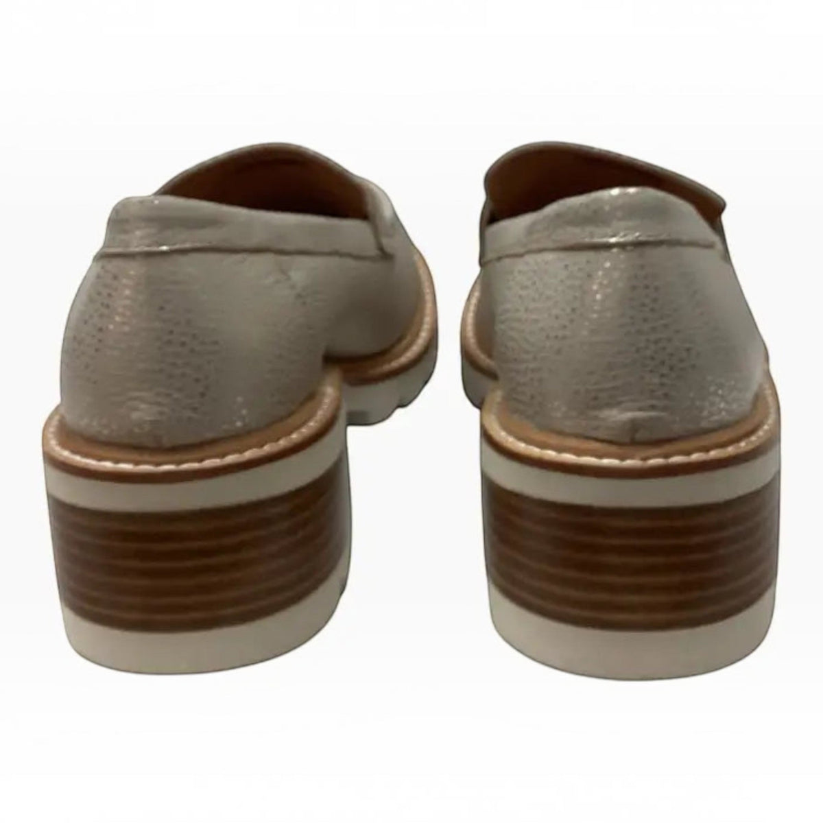 The Shoe Shop Dylan leather loafers featuring a metallic finish, low block heel, and contrast sole from the back view.