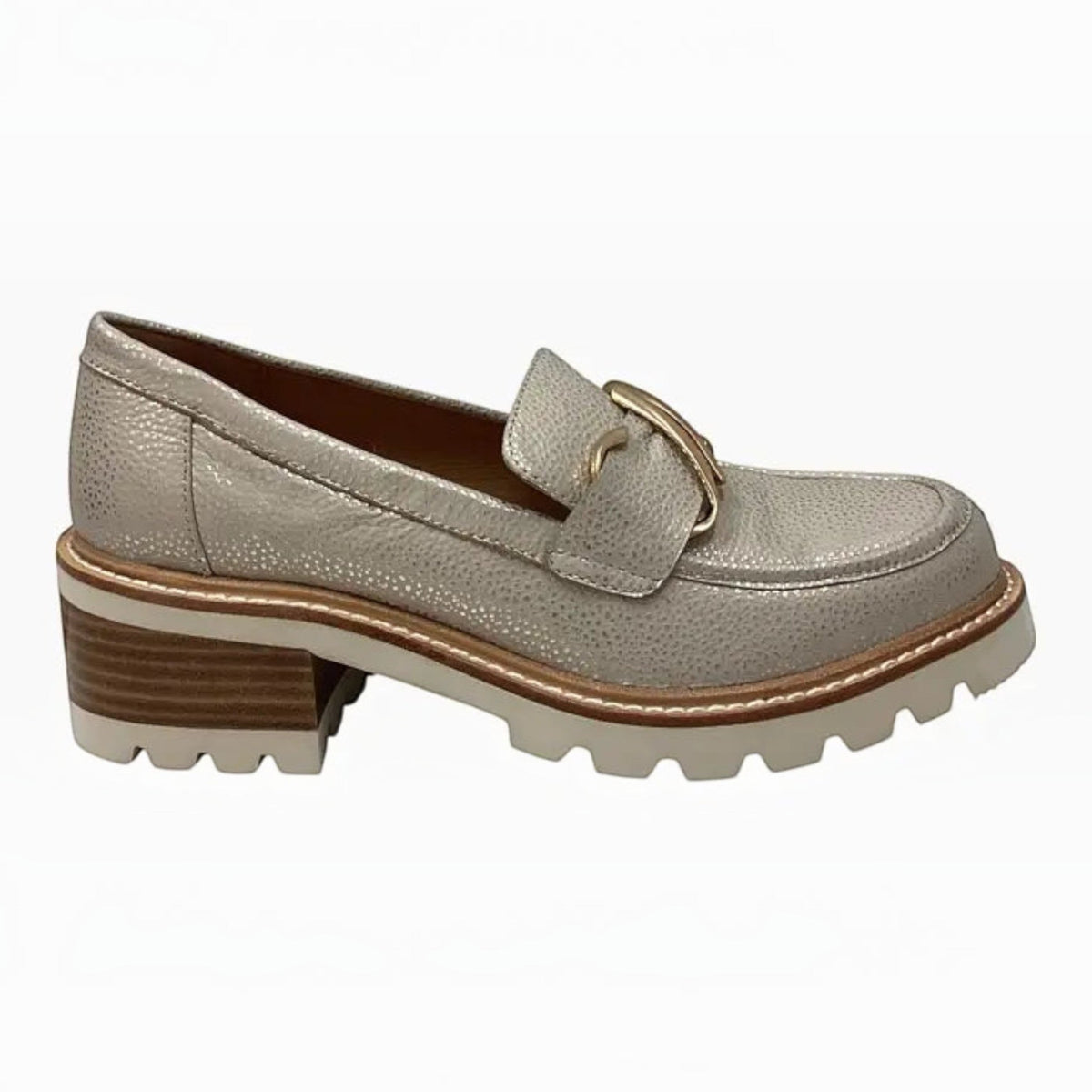 The Shoe Shop Dylan leather loafer in metallic silver with a gold-tone buckle, front zip, and chunky block heel.