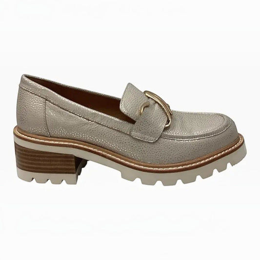 The Shoe Shop Dylan leather loafer in metallic silver with a gold-tone buckle, front zip, and chunky block heel.