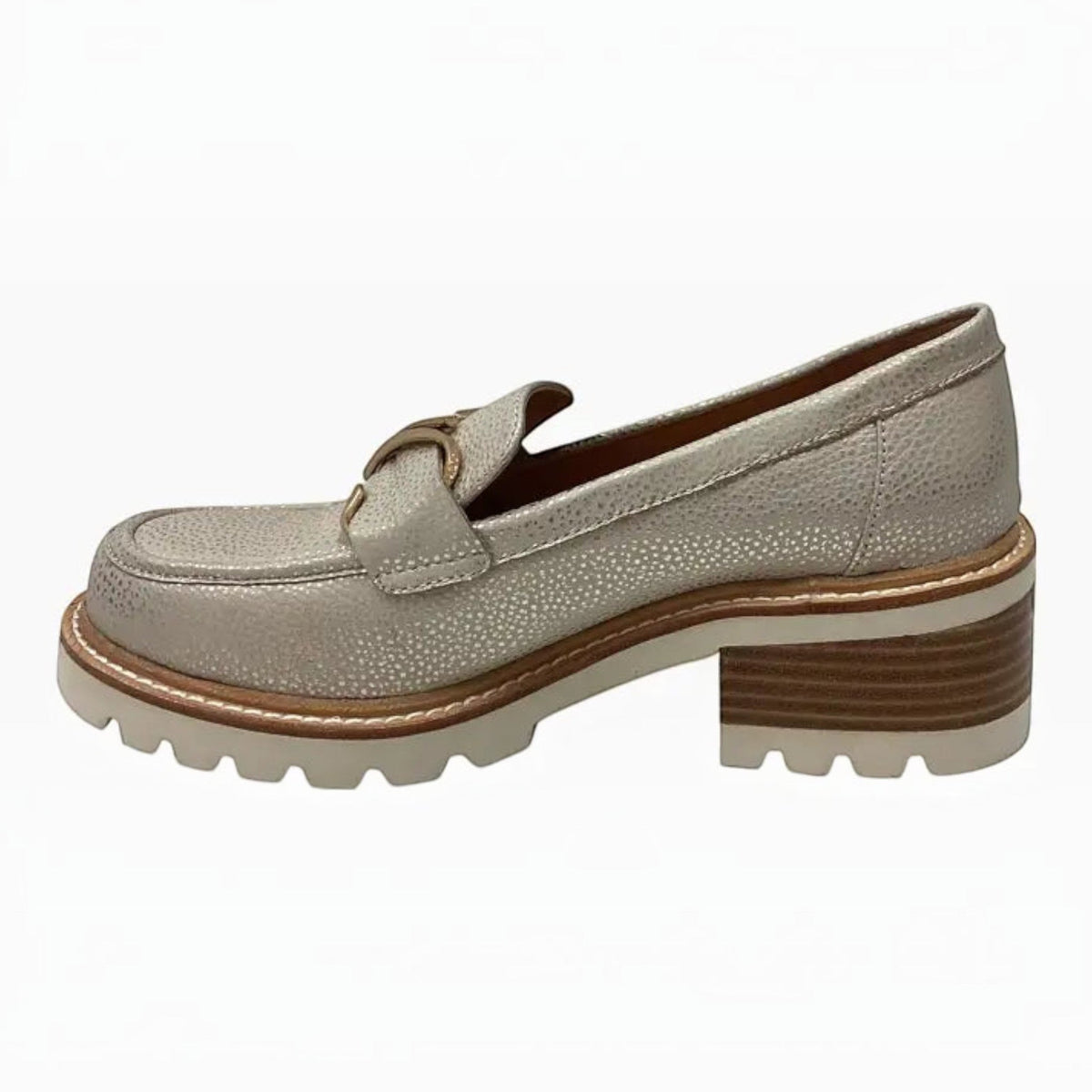 The Shoe Shop Dylan loafer in metallic leather with a gold-tone buckle, front zip, and chunky low block heel.