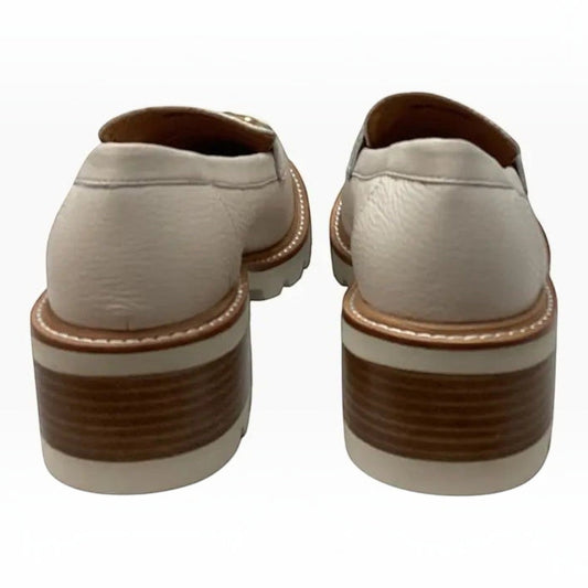 The Shoe Shop Dylan white leather loafers featuring a sturdy low block heel and contrast sole trim, rear view.