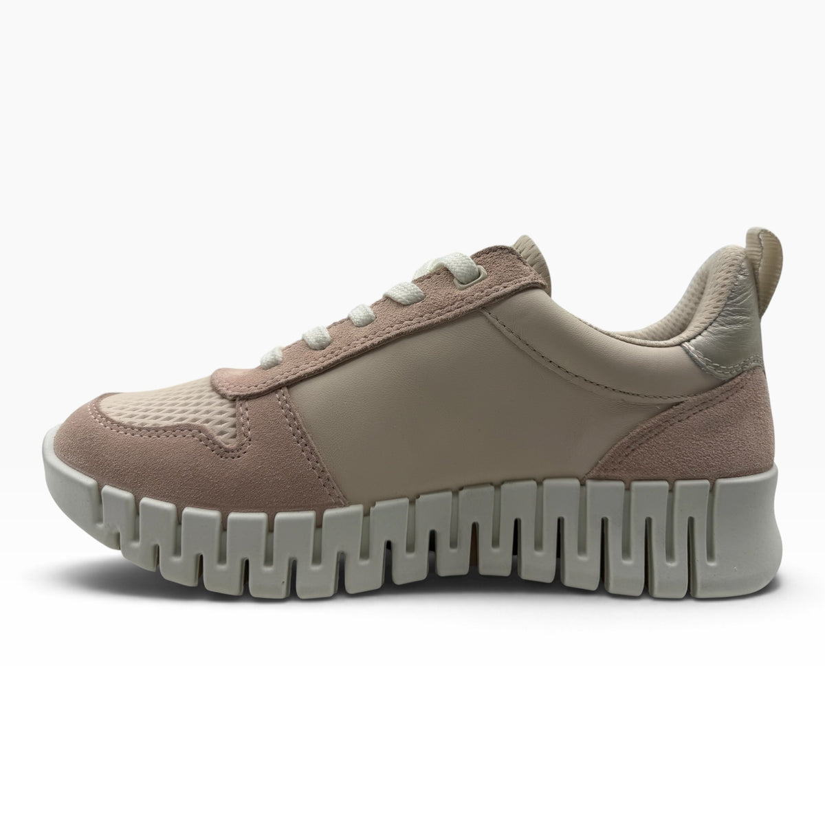 The Shoe Shop Ecco Gruuv walking sneaker in beige leather and suede with a flexible white rubber sole, side view.