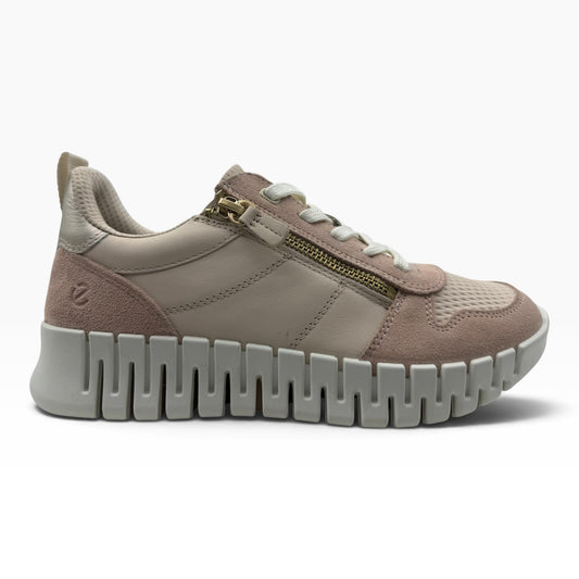 The Shoe Shop Ecco Gruuv walking sneaker in tonal beige leather and suede with a unique flex rubber sole and side zip.