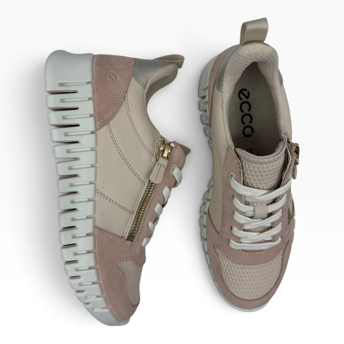 The Shoe Shop Ecco Gruuv walking sneakers in tonal beige and soft pink leather with a unique flex rubber sole.