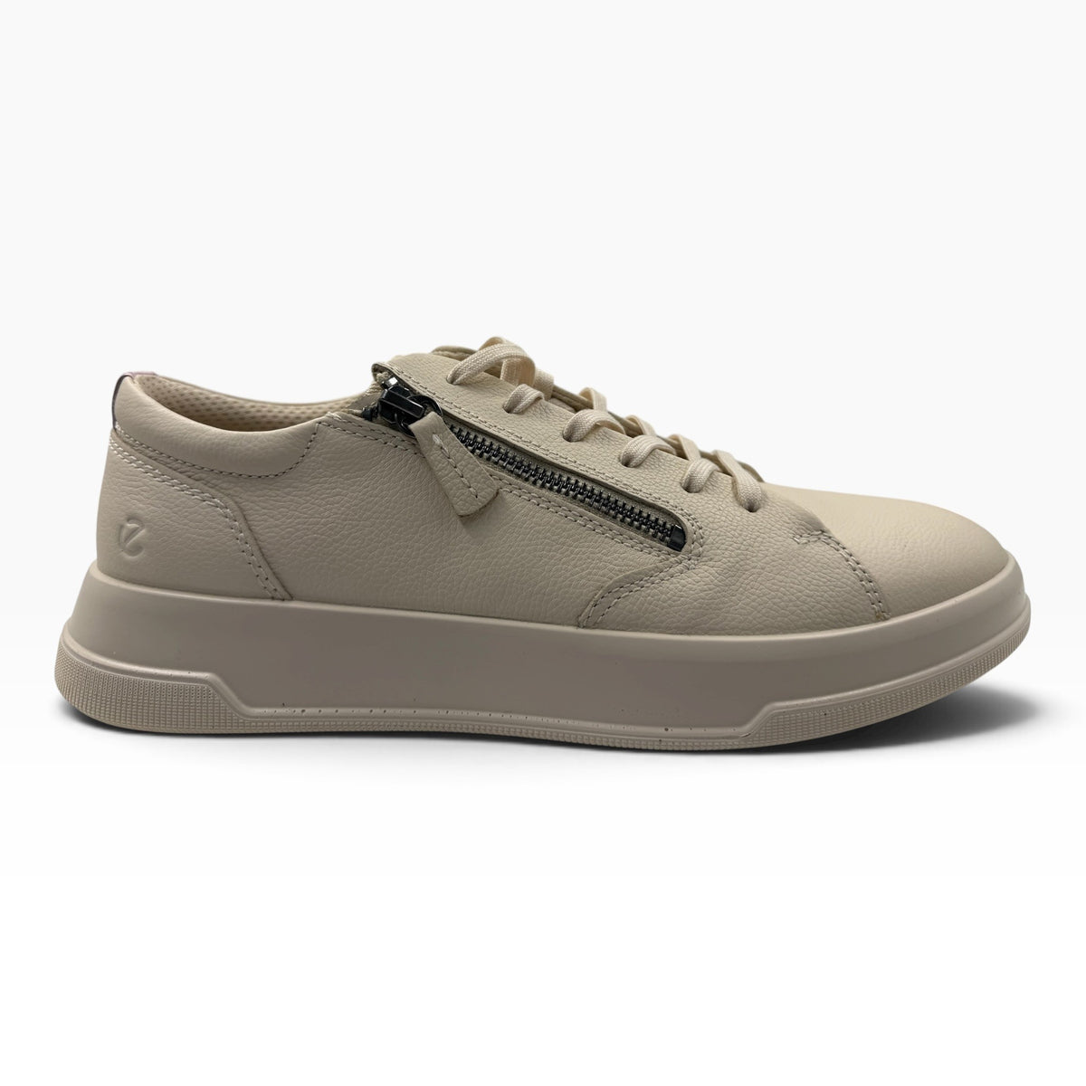 The Shoe Shop Ecco Move beige leather sneaker with lace-up closure and side zip detail on a white background.