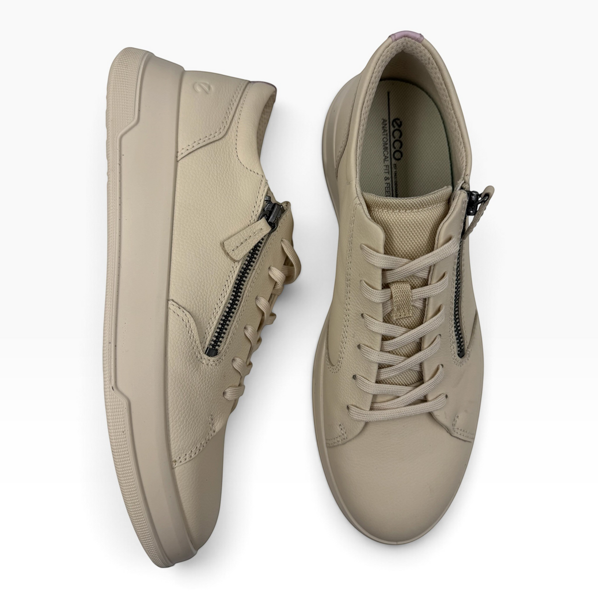 The Shoe Shop Ecco Move beige leather sneakers with lace-up closure and convenient side zip for easy wear.