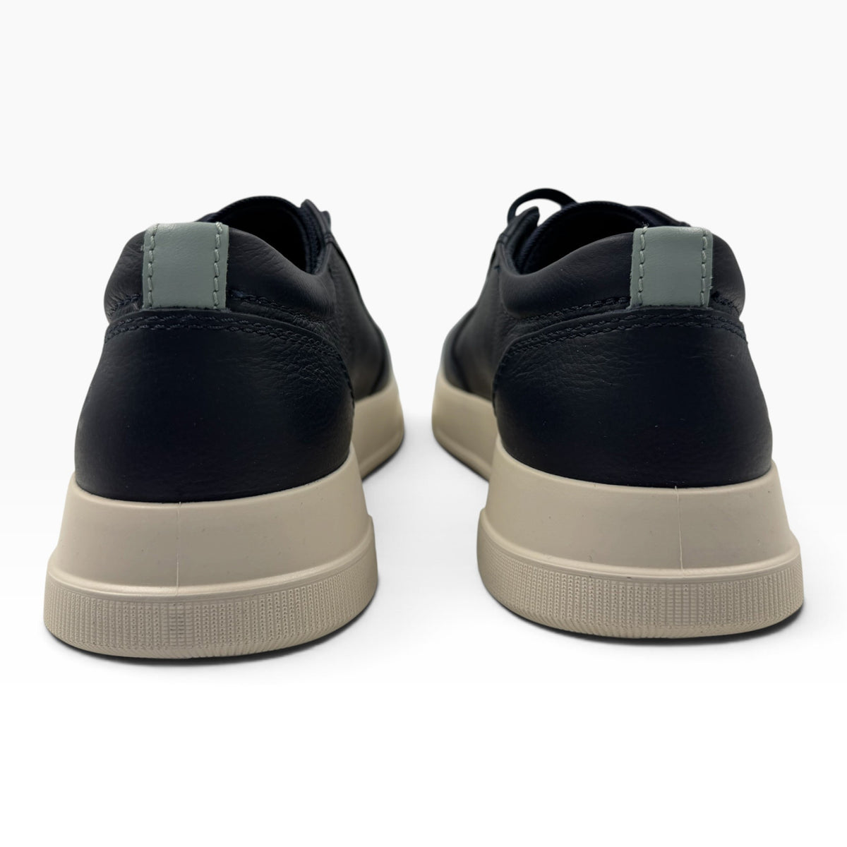 The Shoe Shop Ecco Move black leather sneakers with a beige sole, shown from the back view.
