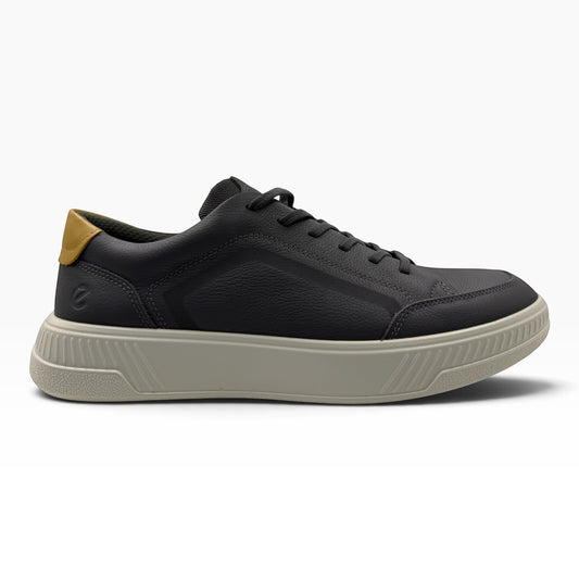 The Shoe Shop Ecco Move low-profile sneaker in black leather with a tan heel tab and light grey textured sole.