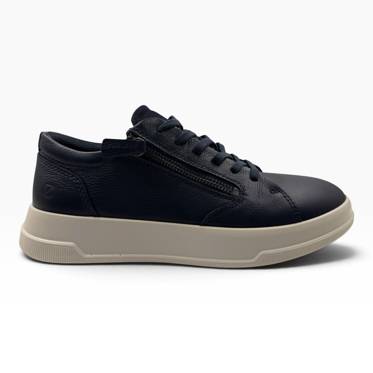 The Shoe Shop Ecco Move navy leather sneaker with side zip and thick beige sole for everyday comfort