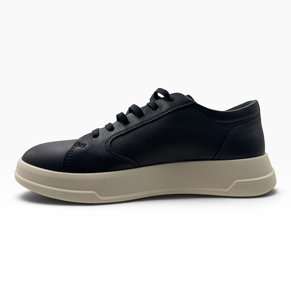 The Shoe Shop Ecco Move navy leather sneaker with a thick beige platform sole and lace-up design.