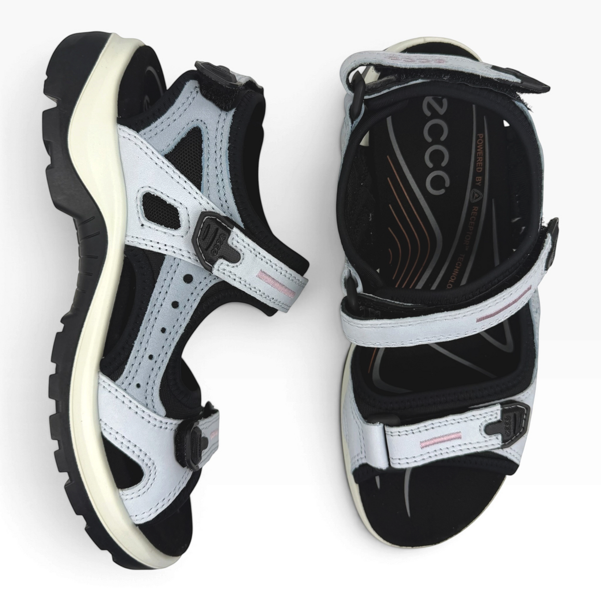 The Shoe Shop Ecco Offroad Sandal in light grey nubuck leather and black mesh with adjustable straps and lugged sole.
