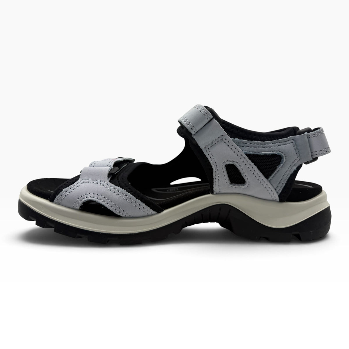 The Shoe Shop Ecco Offroad Sandal in light grey nubuck leather and black mesh with adjustable straps and lugged sole