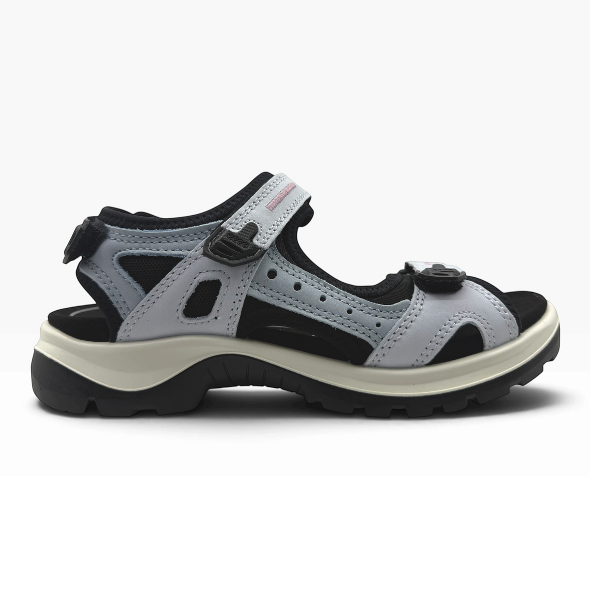 The Shoe Shop Ecco Offroad Sandal in grey nubuck leather and black mesh with adjustable straps and lugged outsole.
