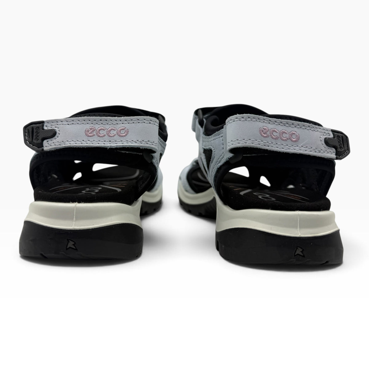 The Shoe Shop Ecco Offroad Sandal in light grey and black, showing the rear view with adjustable heel straps.