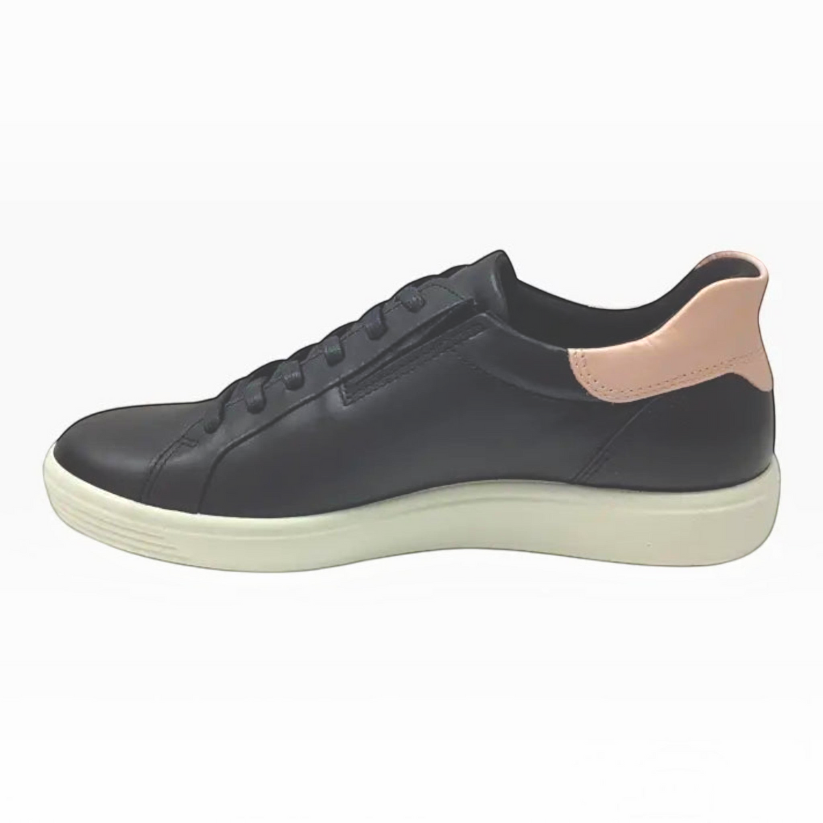 The Shoe Shop ECCO Soft 7 black leather sneaker with a light pink heel tab and white flexible sole, side view.