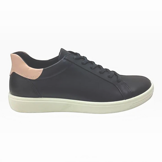 The Shoe Shop Ecco Soft 7 black leather sneaker with a pale pink heel tab and white flexible sole