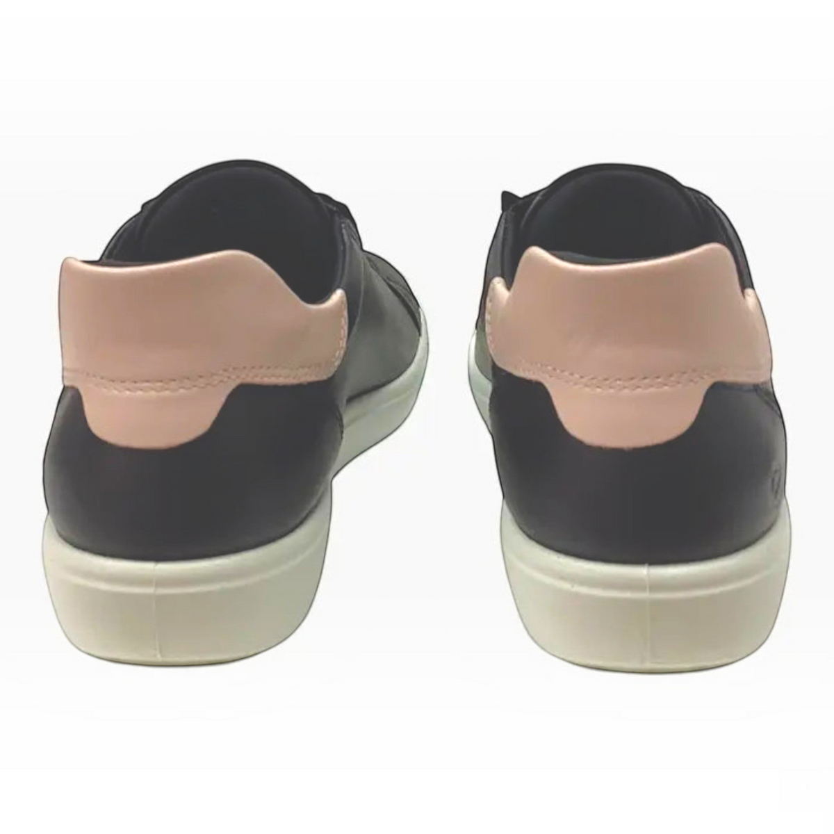 The Shoe Shop Ecco Soft 7 sneakers in black leather with pale pink heel tabs and white soles, rear view.