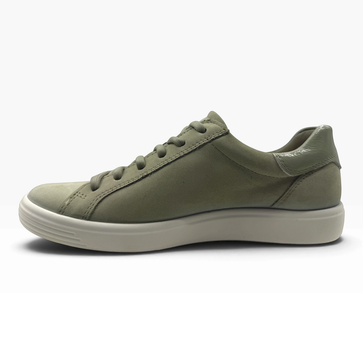 The Shoe Shop Ecco Soft 7 sneaker in tea green suede with a white sole, side view.