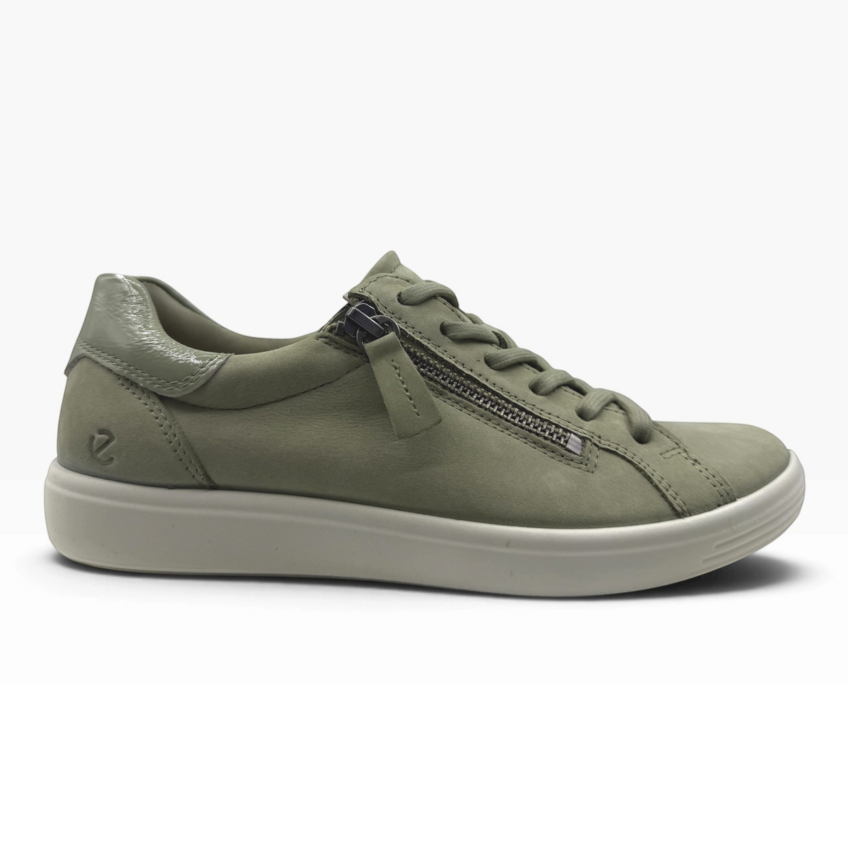 The Shoe Shop Ecco Soft 7 tea green leather sneaker with side zipper and white sole