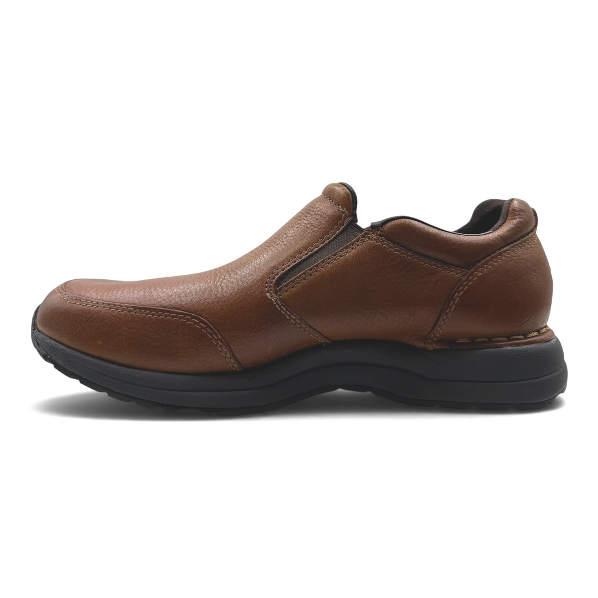 The Shoe Shop Edge Hill brown leather slip-on shoe with a black cushioned sole, side view.
