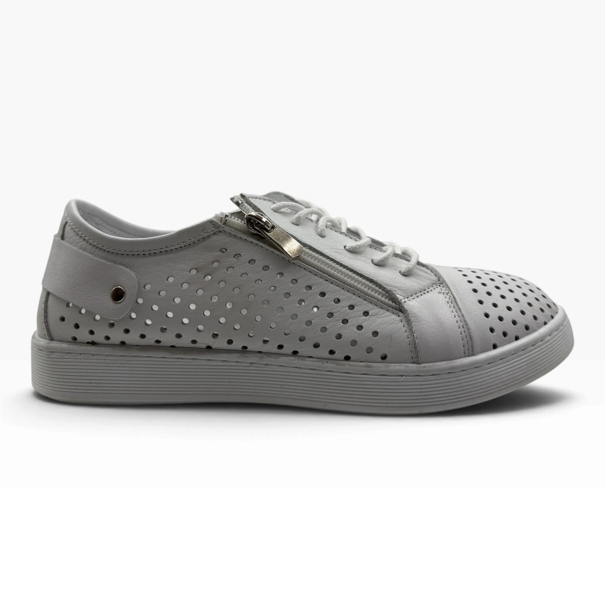 The Shoe Shop EG17 wide-fit grey leather sneaker with punched upper, side zip, and flexible thermo rubber sole.