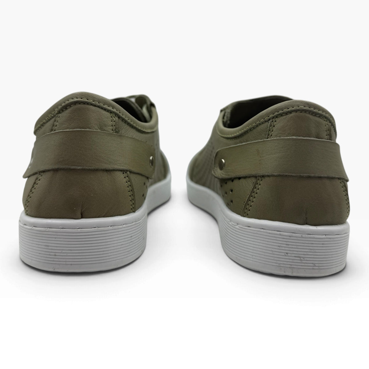 The Shoe Shop EG17 olive green leather sneakers featuring a punched upper and flexible white thermo rubber sole