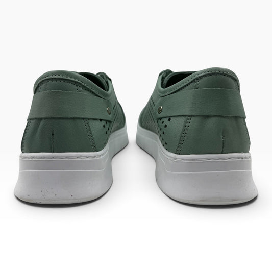 The Shoe Shop EG172 sage green punched leather sneakers with a thick white rubber sole, rear view.