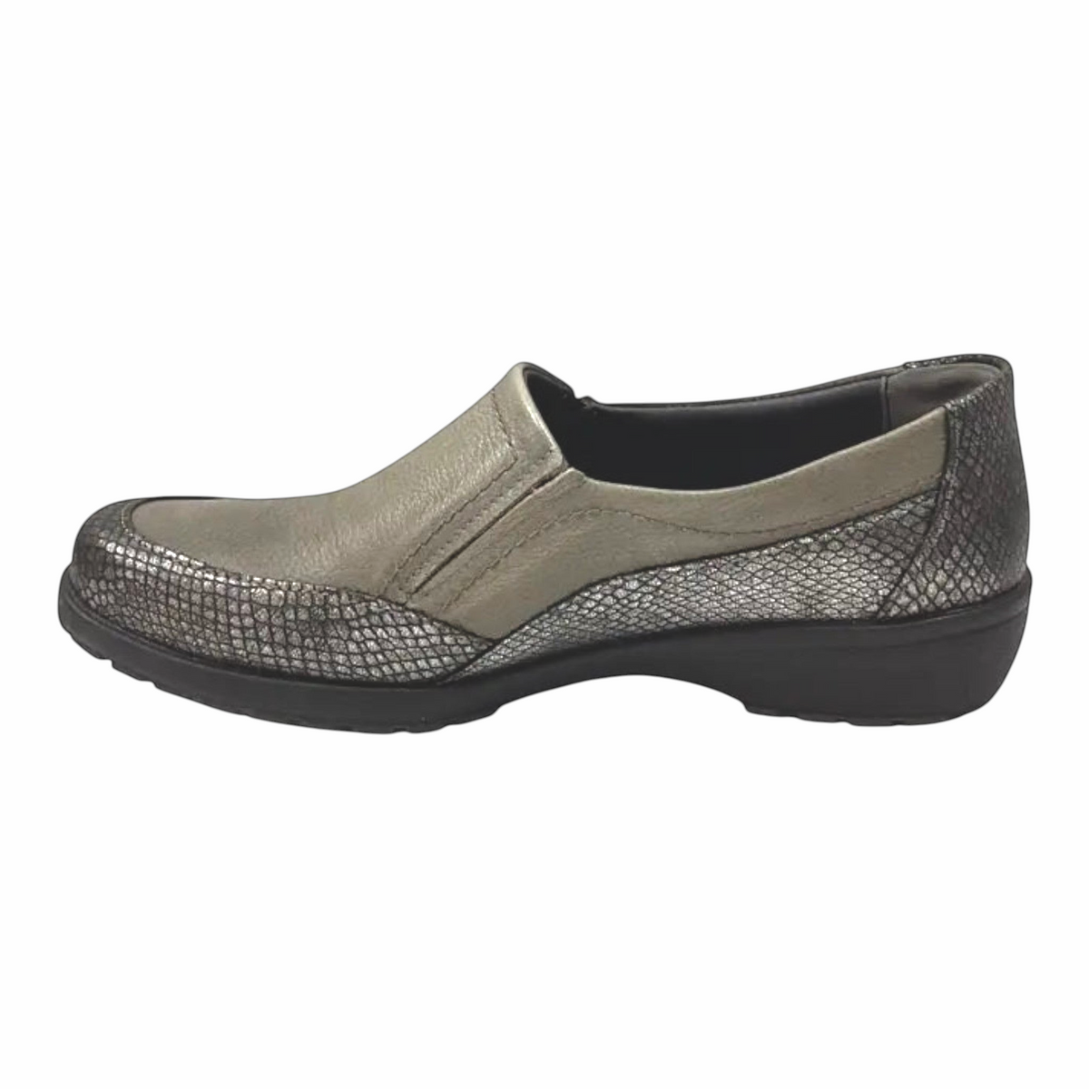 The Shoe Shop Eldora grey leather slip-on shoe with textured metallic snake-print detailing and a flexible sole.