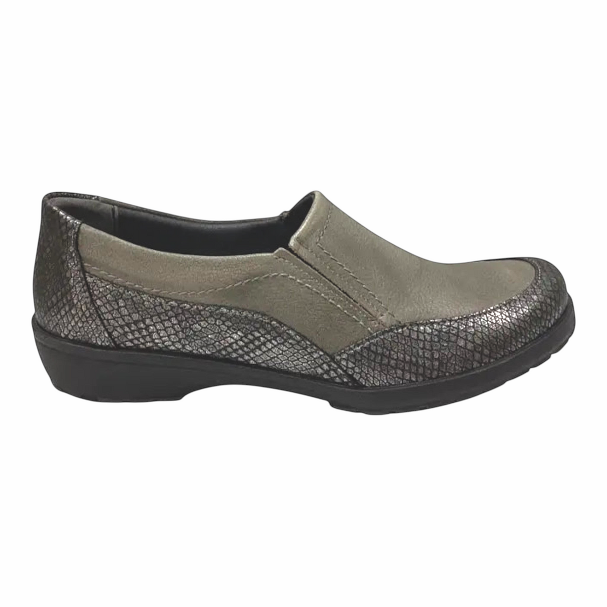The Shoe Shop Eldora grey leather slip-on shoe with textured snake-effect detailing and a flexible rubber sole.