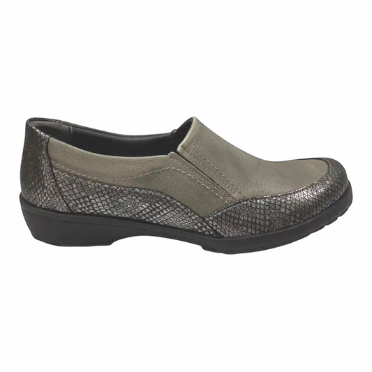 The Shoe Shop Eldora grey leather slip-on shoe with textured snake-effect detailing and a flexible rubber sole.