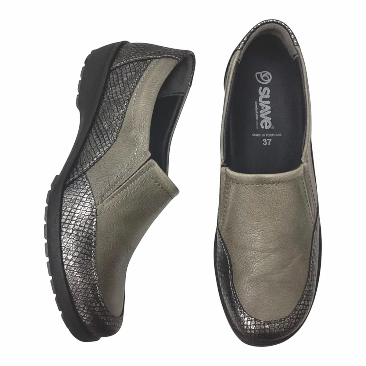 The Shoe Shop Eldora slip-on shoes in grey leather with metallic textured panels and a flexible rubber sole.