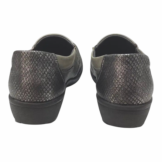 The Shoe Shop Eldora slip-on shoes in dark grey textured leather with a flexible rubber sole and modest heel.