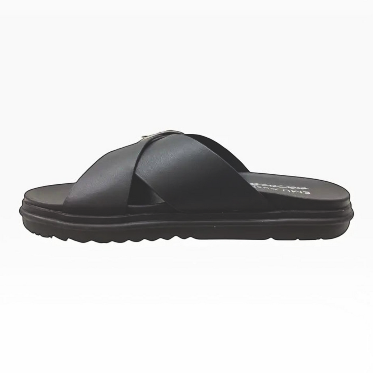 The Shoe Shop EMU Ebony black leather slide sandal with a criss-cross strap and cushioned footbed, side view.