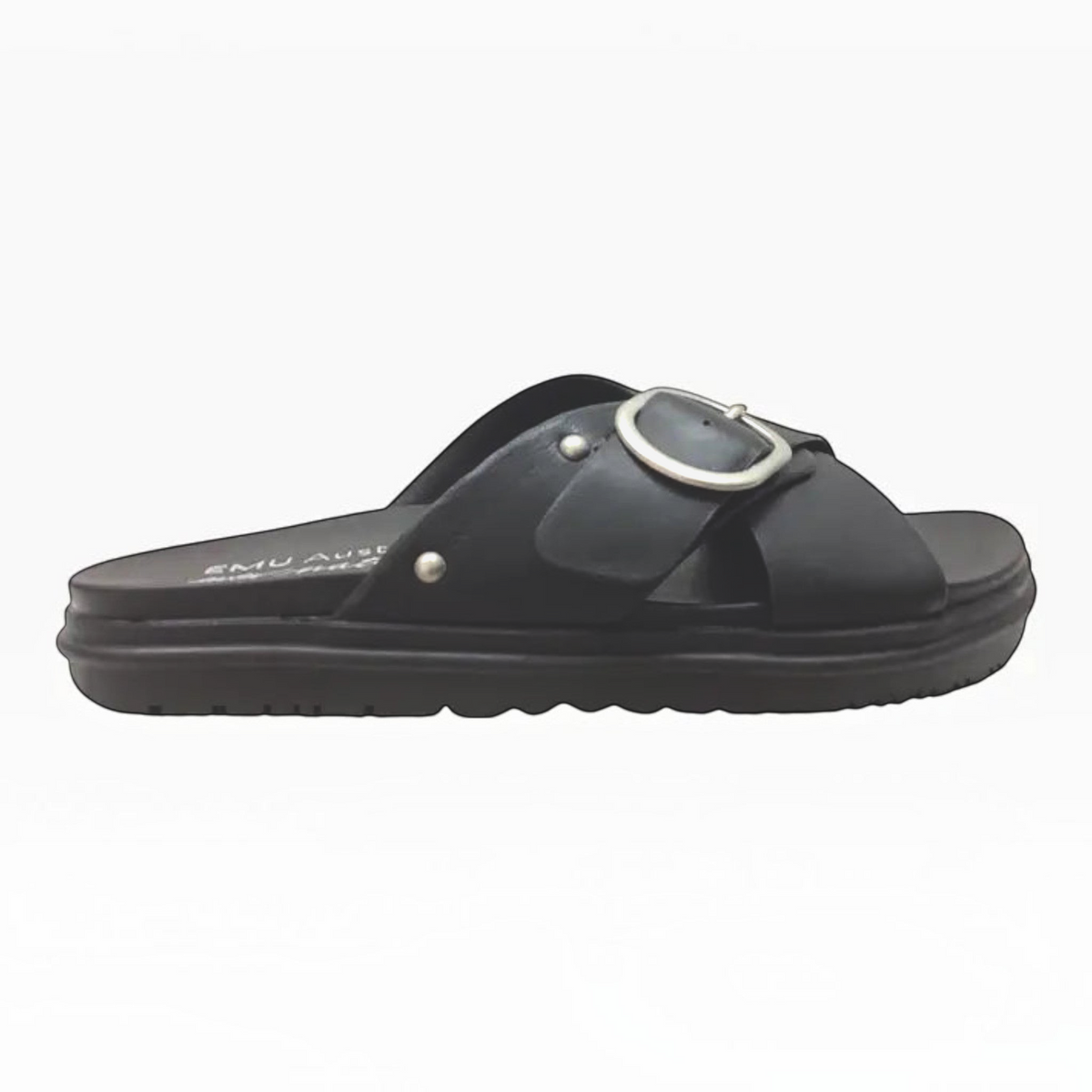 The Shoe Shop EMU Ebony black leather slide sandal with criss-cross straps and an adjustable silver buckle.