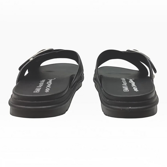The Shoe Shop EMU Ebony black leather slide sandals with criss-cross straps and silver buckles, rear view.