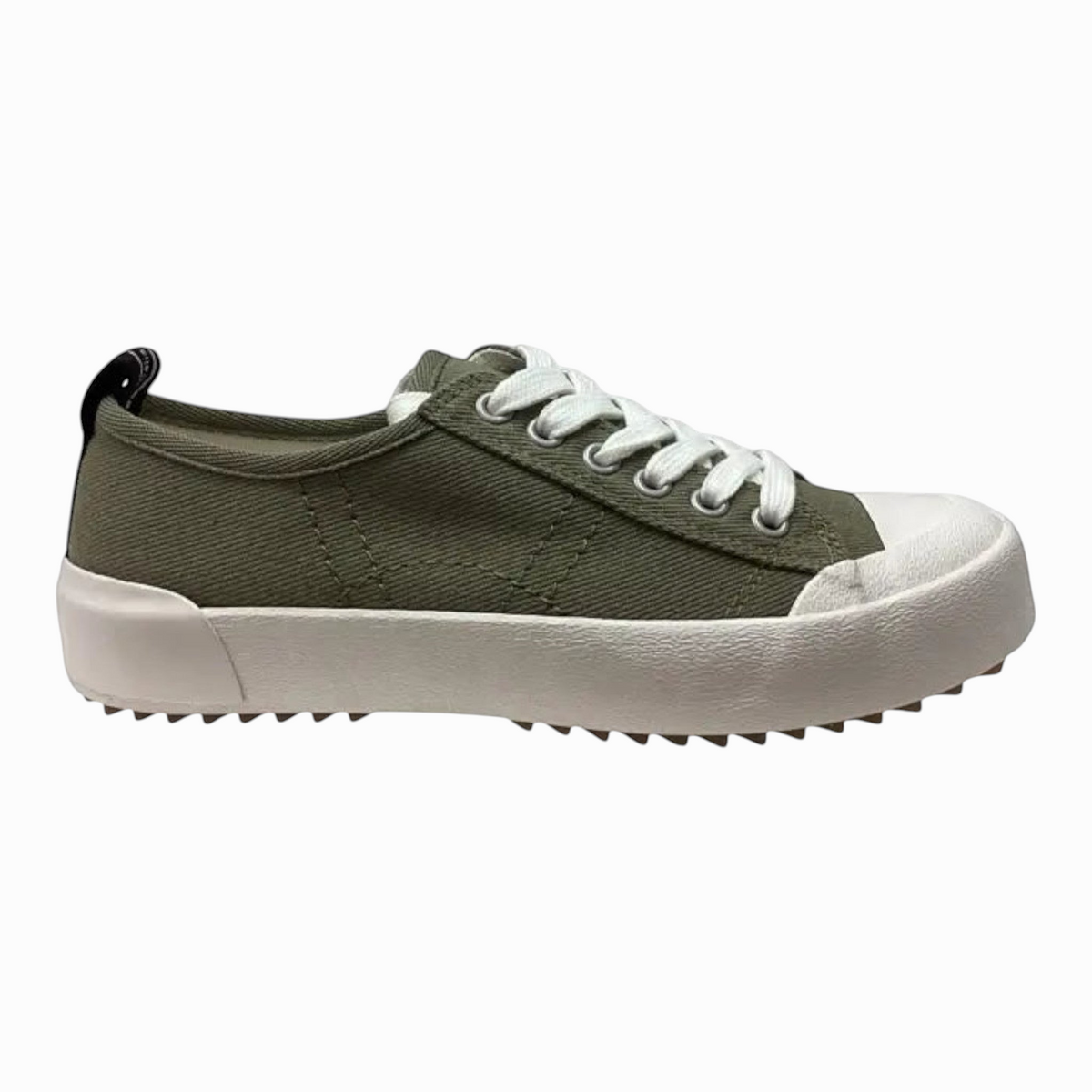 The Shoe Shop EMU Hosier dark olive canvas low-top sneaker with white laces, rubber toe cap, and serrated sole.