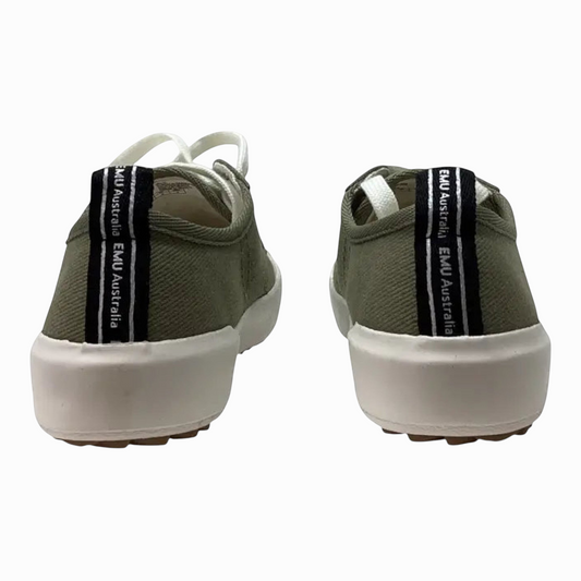 The Shoe Shop EMU Hosier dark olive canvas low-top sneakers featuring a white rubber sole and branded heel pull tabs.
