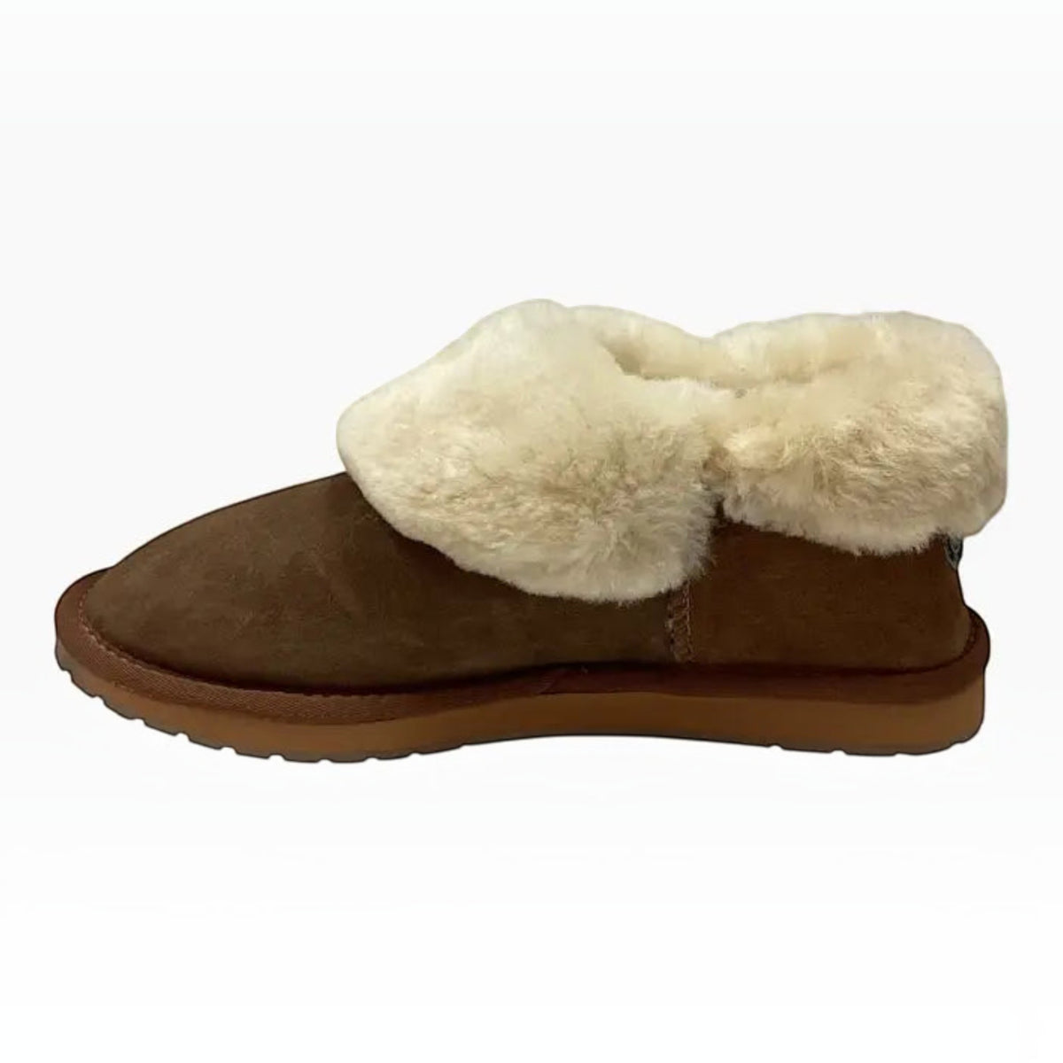 The Shoe Shop EMU Platinum Mintaro brown sheepskin slipper with a plush cream-colored wool cuff and flat sole.