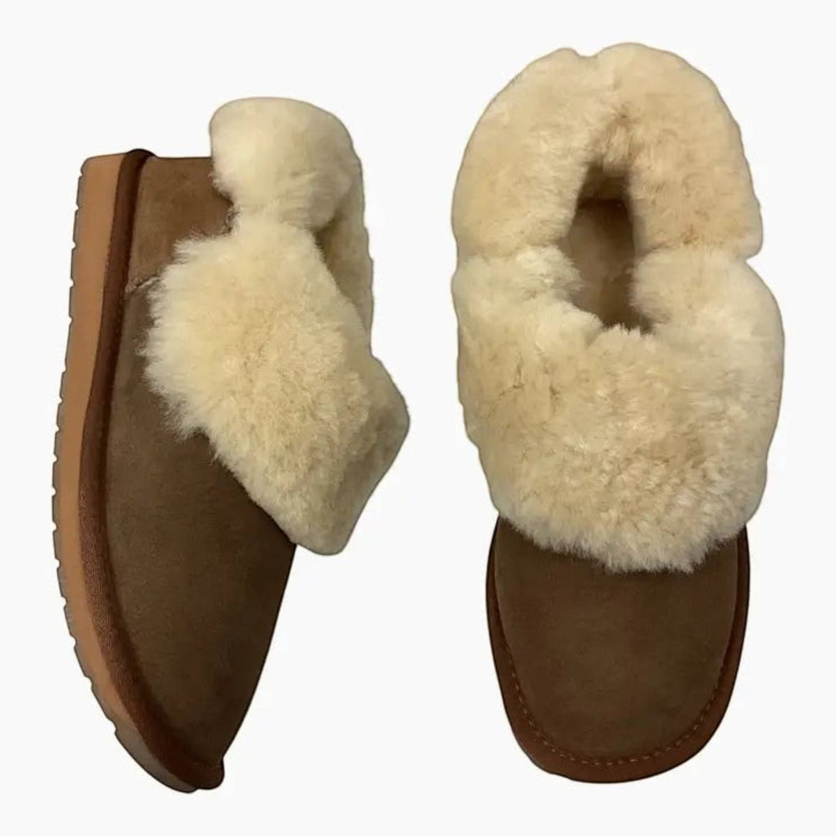 The Shoe Shop EMU Platinum Mintaro slippers in brown suede with plush Australian sheepskin lining and trim.