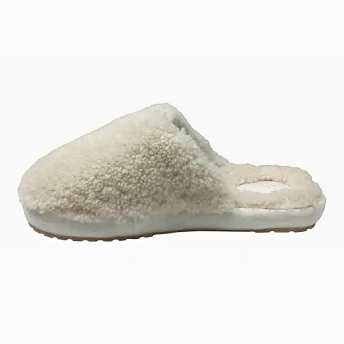 The Shoe Shop EMU Starley slipper in cream sheepskin with a plush teddy texture and flexible sole, side profile view.