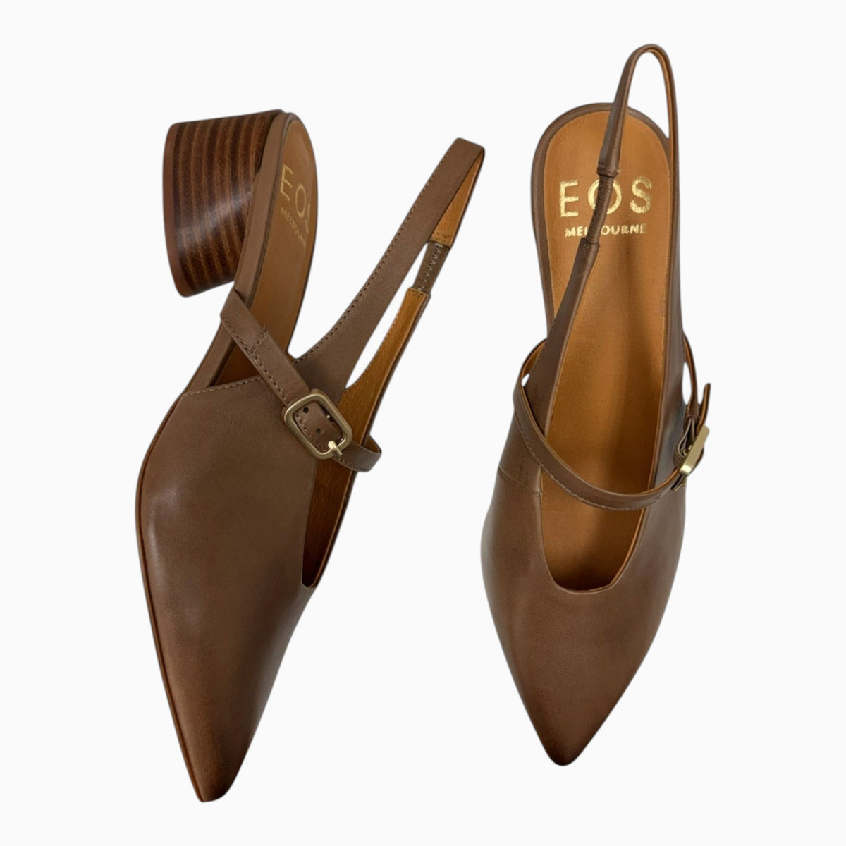 The Shoe Shop EOS Hattis brown leather slingback heels with a pointed toe, adjustable buckle, and low block heel.