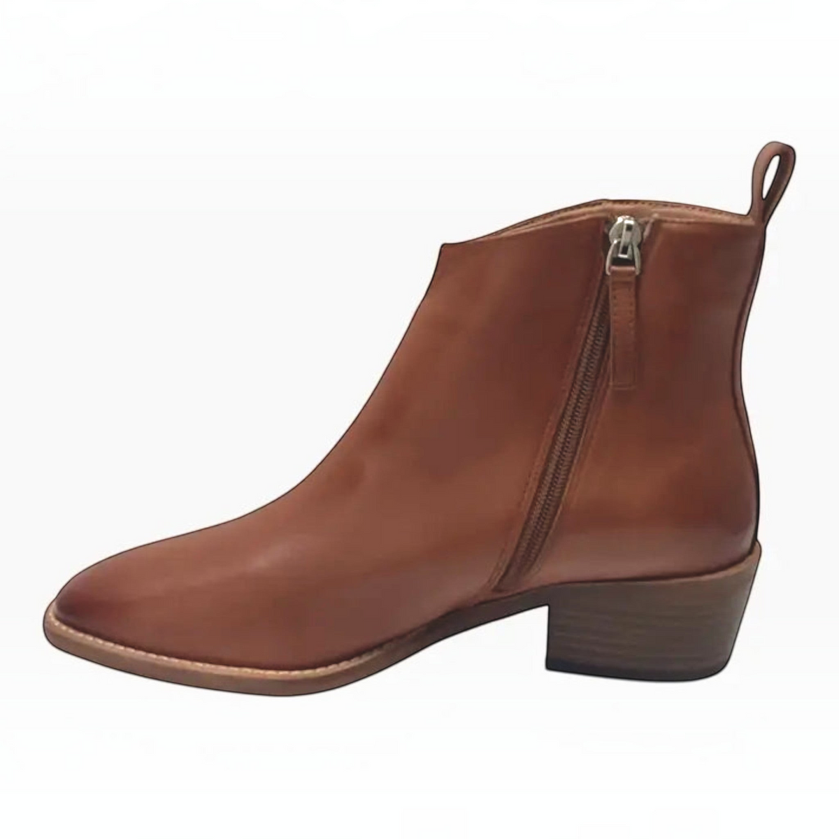 The Shoe Shop EOS Ilan brandy leather ankle boot with side zip, back pull tab, and low stacked heel.