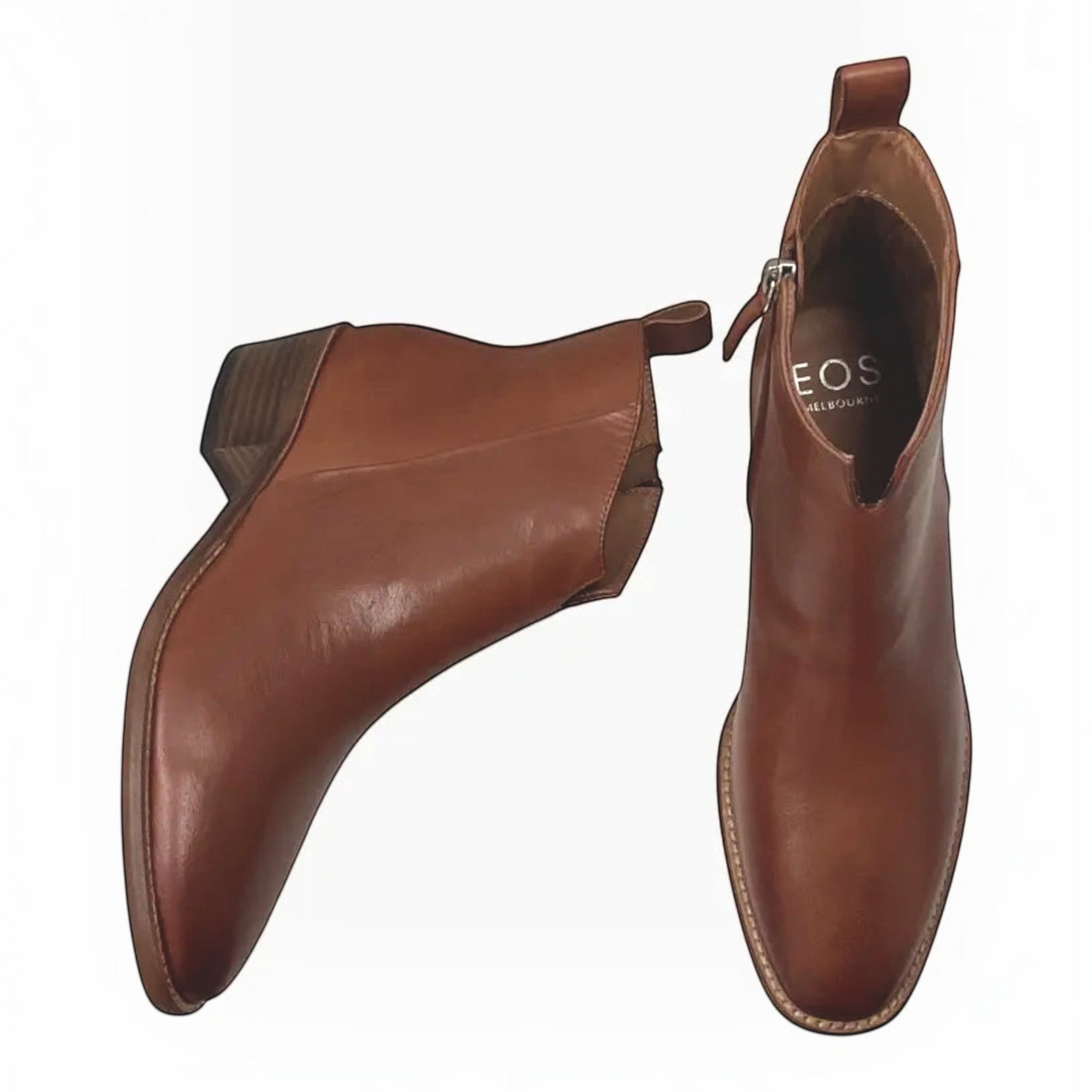 The Shoe Shop EOS Ilan brandy leather ankle boots with a low stacked heel, inner zip, and back pull tab.