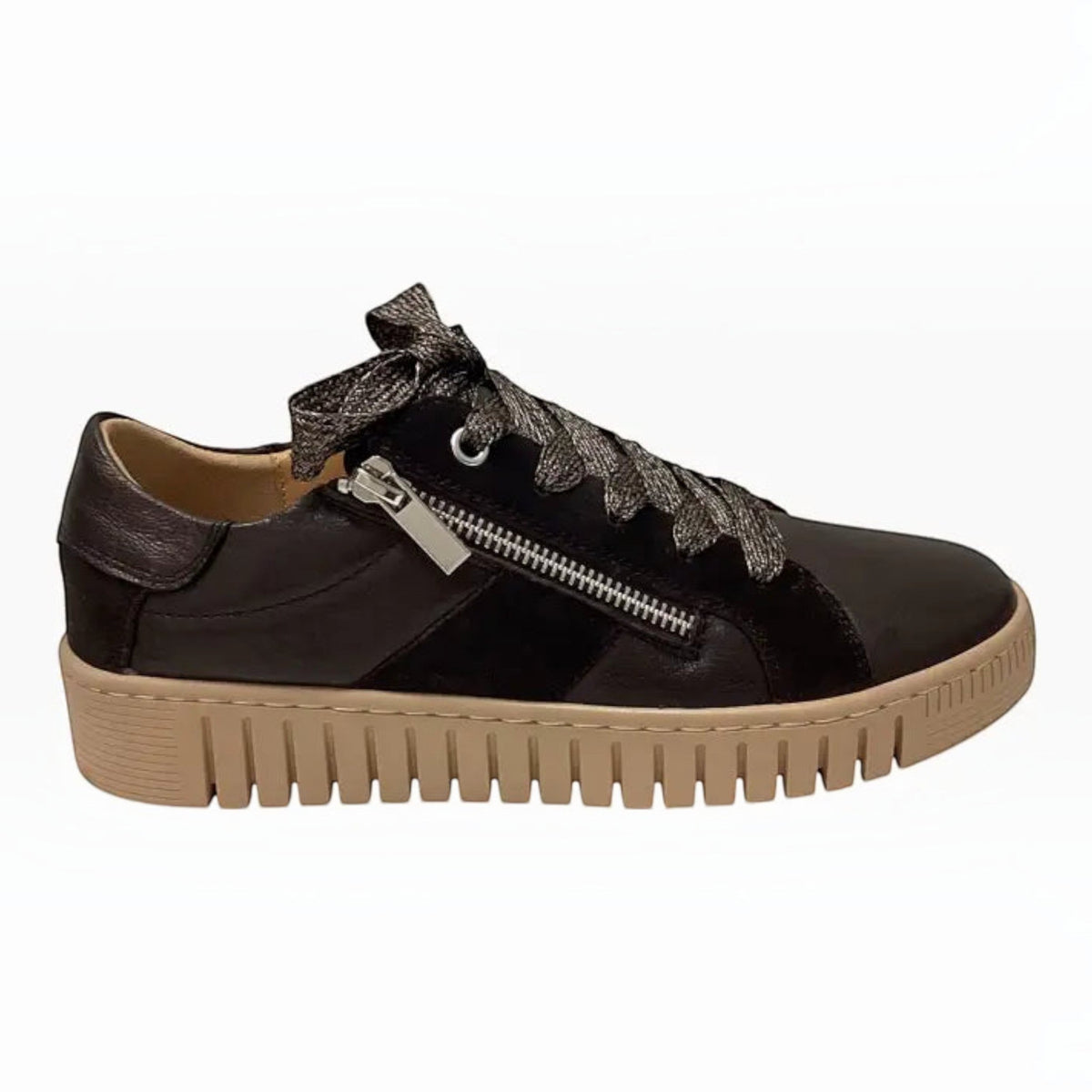 The Shoe Shop EOS Tinah black mixed-material sneaker with side zip, metallic laces, and a chunky tan rubber outsole.